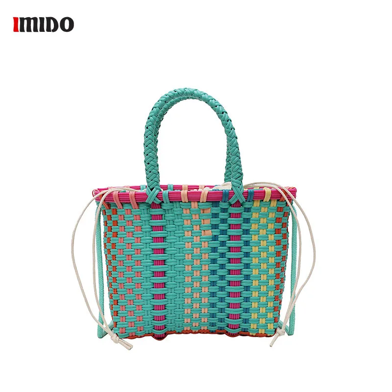 

Summer Fashion Women Bags Top-handle Weave Beach Bags Small Shopping Basket Striped Hand Knitted Handbags Luxury Tote PVC Bag