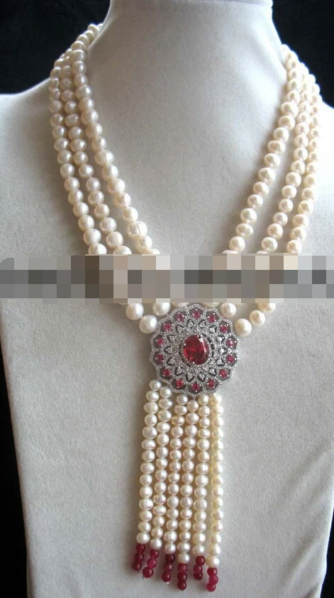 

08150 3rows freshwater pearl white near round 7-8mm necklace &red pendant wholesale