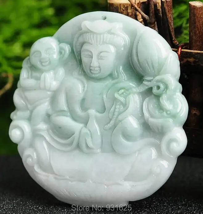 

Grade A Natural Green Yu FeiCui Carved Kwan-Yin & Baby Lucky Amulet Pendant + Rope Necklace + certificate Fine Jewelry