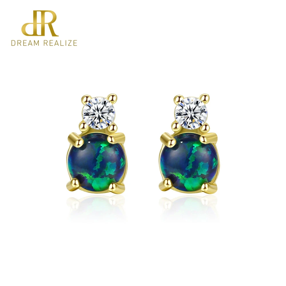 

DR Real Round Fire Opal S925 Stud Earrings for Women 925 Sterling Silver 2019 Fine Jewelry Boucles D'Oreille Bijoux Femme Gifts