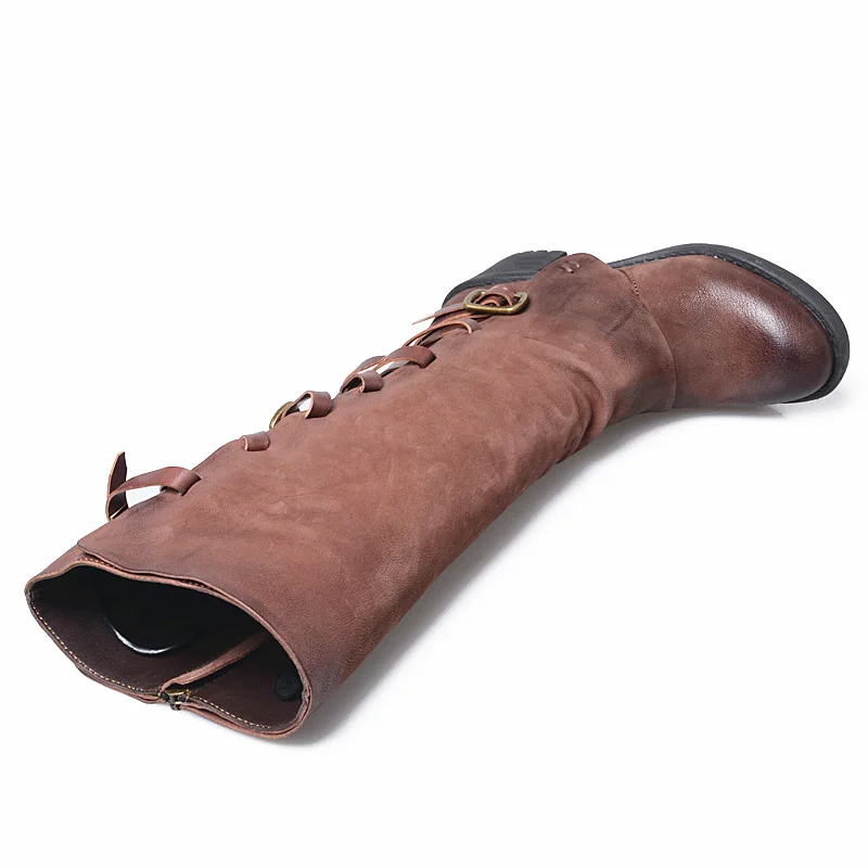 Prova Perfetto/женские высокие сапоги из натуральной кожи с боковой молнией в старом стиле; рыцарские сапоги до колена на высоком каблуке с ремешком и пряжкой ручной работы