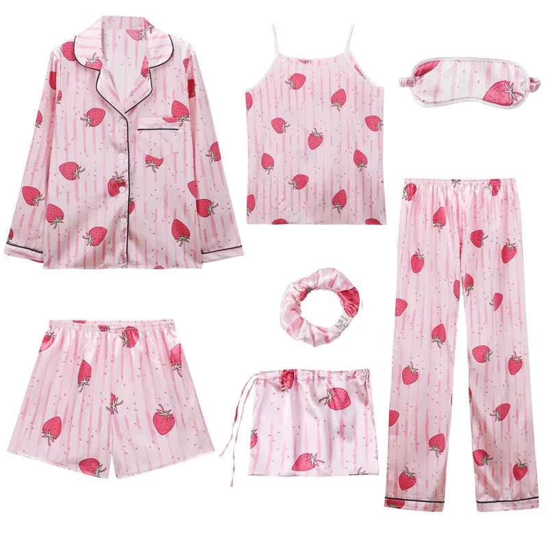 Новые атласные пижамы пижамный комплект для женщин пижамы 7 штук женский кружевной Шелковый Полосатый Пижамный костюм Лето Осень женское белье для домашней носки - Цвет: 09 Strawberry