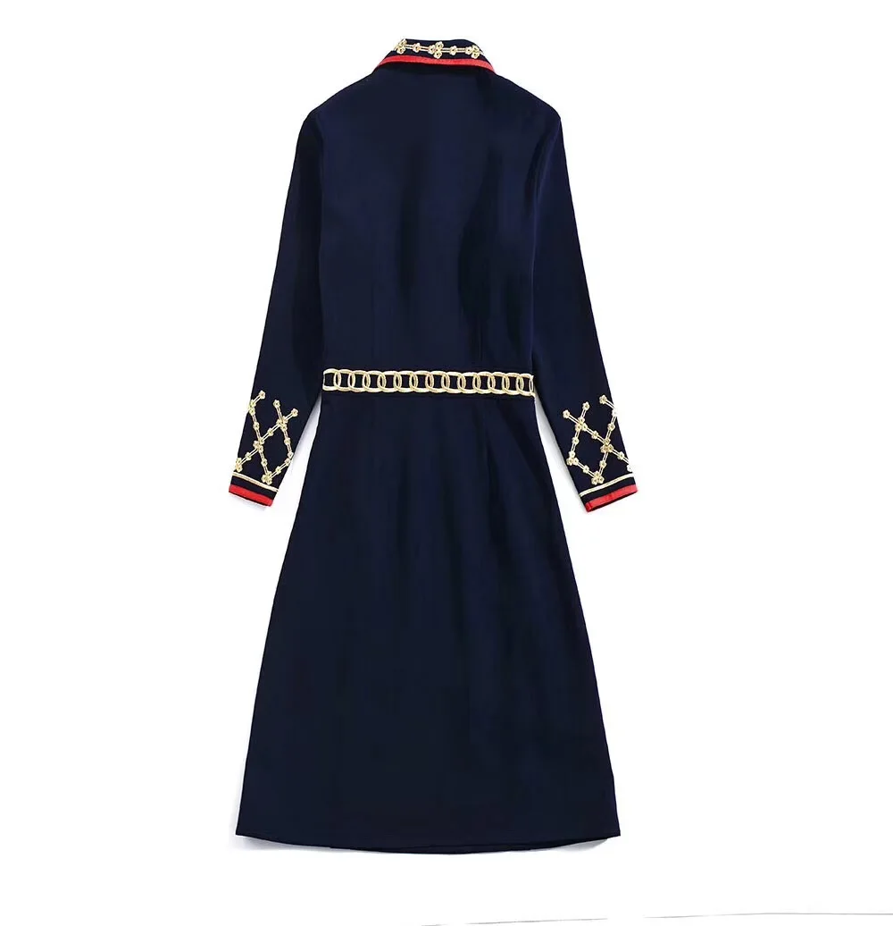 Осень Новая Европейская и американская Женская одежда с длинным рукавом с отворотом Лоскутная Вышивка модные платья