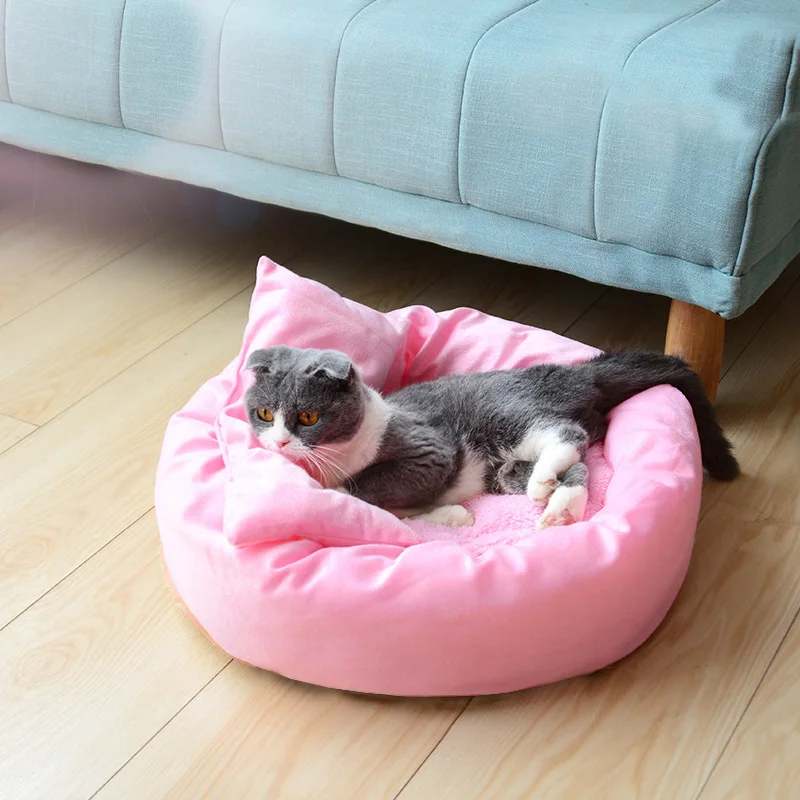 

HEYPET Round Plush Cat Bed Pet House Soft Short Plush Cat Mat Dog Bed For Small Dogs Cats Nest Winter Warm Pet Pad with Pillow