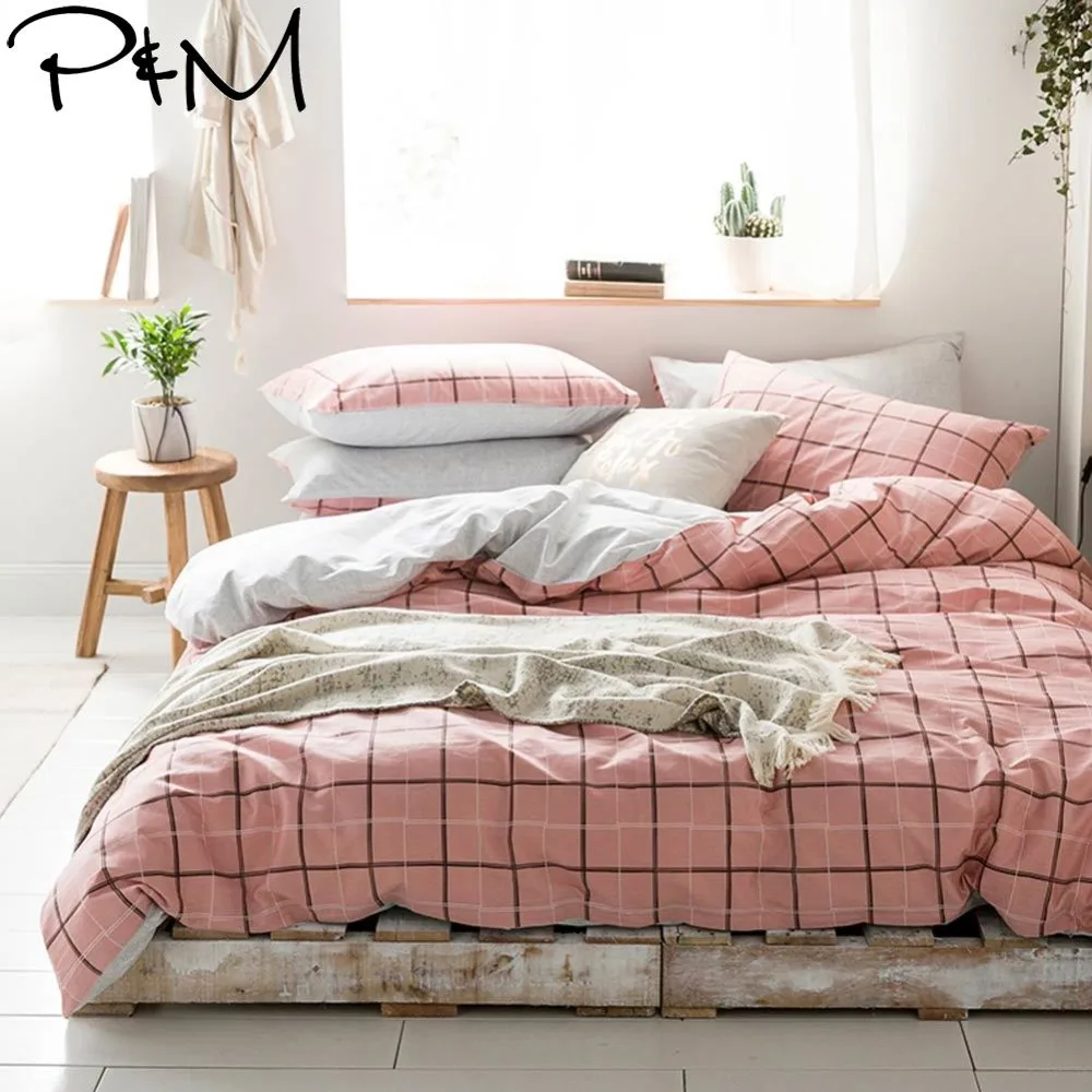 

2019 PAPA&MIMA Pink Plaids Lines Bedlinens Twin Queen King Size Cotton Duvet Cover Set Pillowcases 3/4pcs Bedding Set