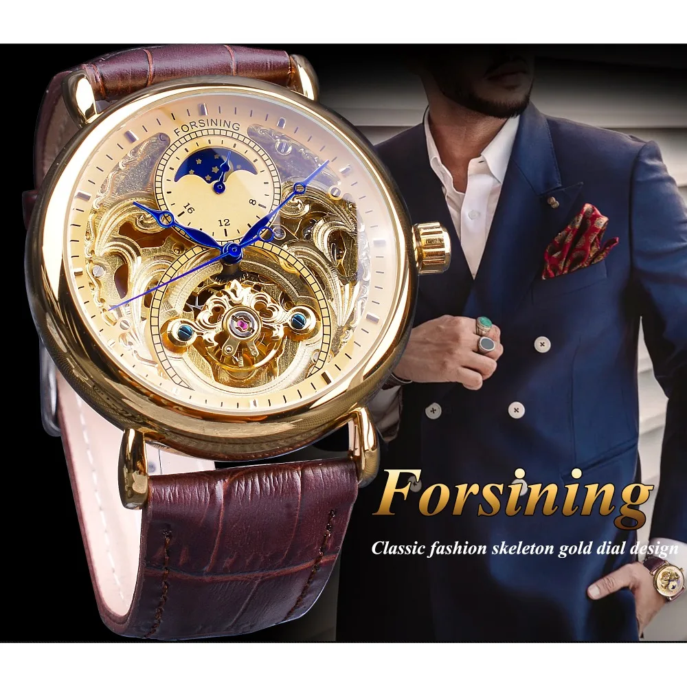 Mechanical Watch Forsining Royal Golden Skeleton Display Blue Hands Brown Genuine Leather Belt Mens Mechanical Wristwatches Clock Male