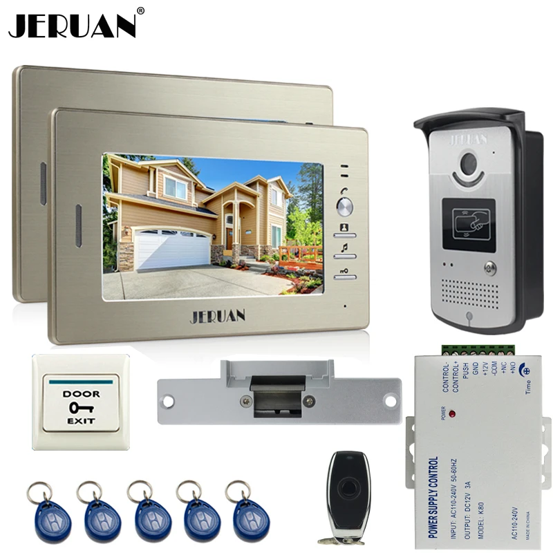 

JERUAN two 7`` monitors LCD Screen Video Intercom Video Door Phone Handsfree+ access control system+700TVL Camera+Cathode lock