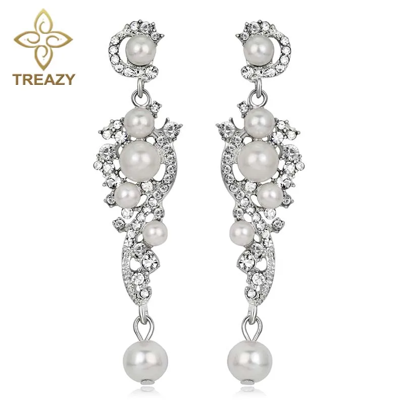 TREAZY font b Luxury b font Simulated Pearl Long Earrings Silver Color Crystal Floral Dangle Drop