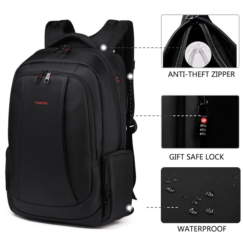 Tigernu 15 6 дюймов 27L USB зарядка Противоугонная Водонепроницаемая нейлоновая Mochila