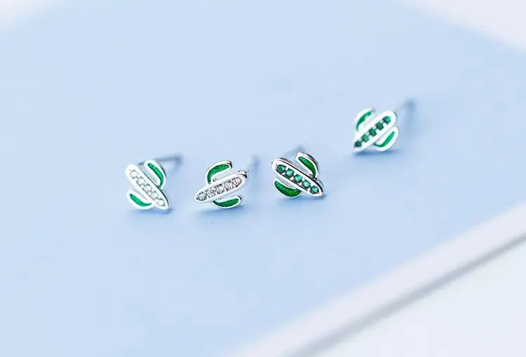 Серьги гвоздики в форме кактуса TINNY из серебра 925 пробы с зеленым цирконием AAA +
