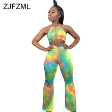 Tie Dyeing Print Rompers Women Jumpsuit Waist Band Cut Out Backless One Piece Overall  Summer Halter Sleeveless Bodycon Bodysuit