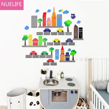 

Cartoon city car design 3D acrylic Wall stickers bedroom kids room school kindergarten background wall decoration Wall stickers