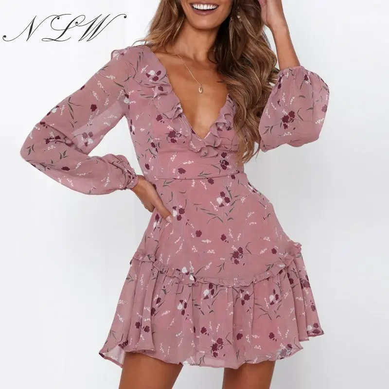

NLW Back Lace up Ruffel Pink Dress Mesh Long Sleeve White Print Floral Dress 2019 Autumn Winter V Neck Short Beach Dress