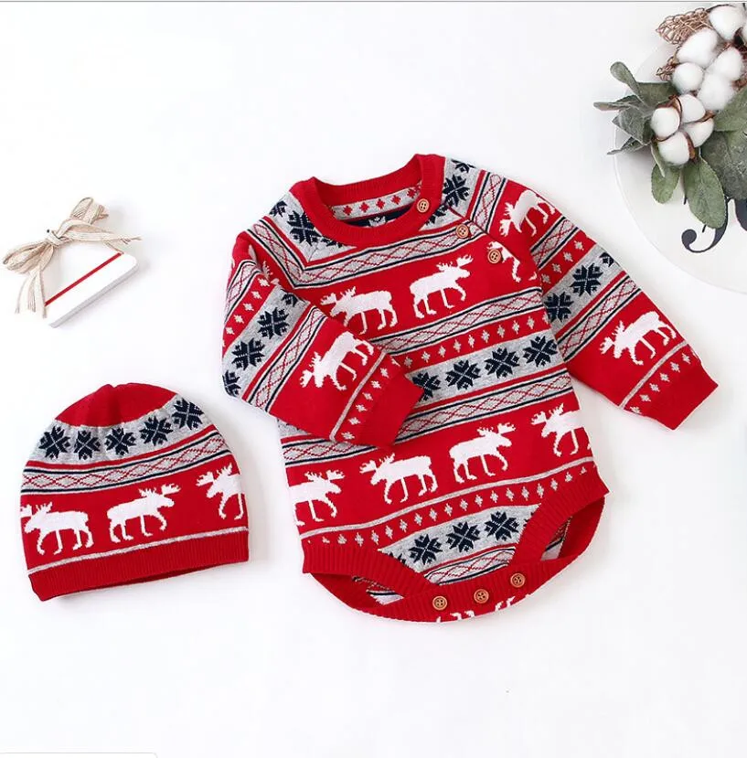 Новогодняя одежда для детей вязаный свитер для маленьких девочек и мальчиков комбинезон со шляпой из хлопка с принтом олень, детское боди для новорожденного, для младенца для малышей, хлопковый комплект детской одежды