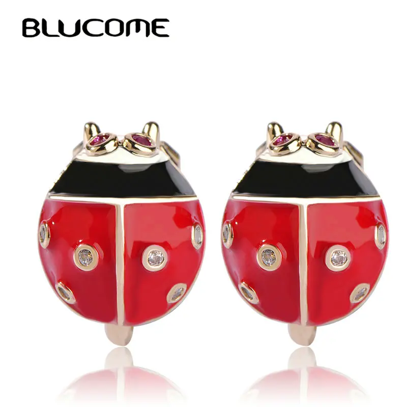 

Blucome Copper Red Enamel Stud Earrings Round Small Ladybug Insect Earrings For Women Girls Wedding Party Jewelry Soft Ear Pins