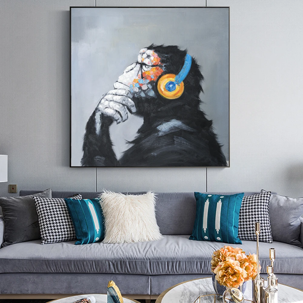 Monkey Listening To Music Paintings On The Wall Abstract Monkey Wall Art Canvas Prints Animals