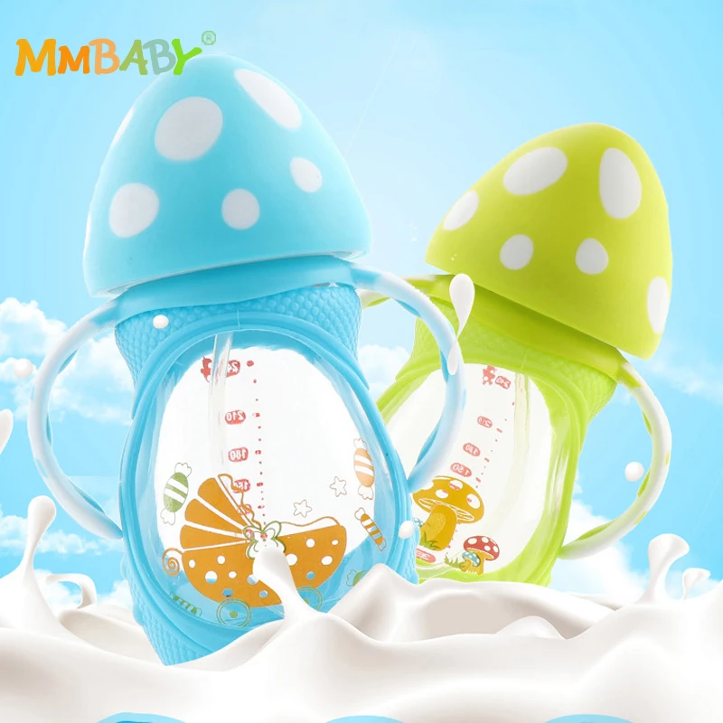 MMBABY 150ml Baby Milk Feeding Bottle with Silicone Handle BPA Free Safe Infant Drinking Water Glass Bottle