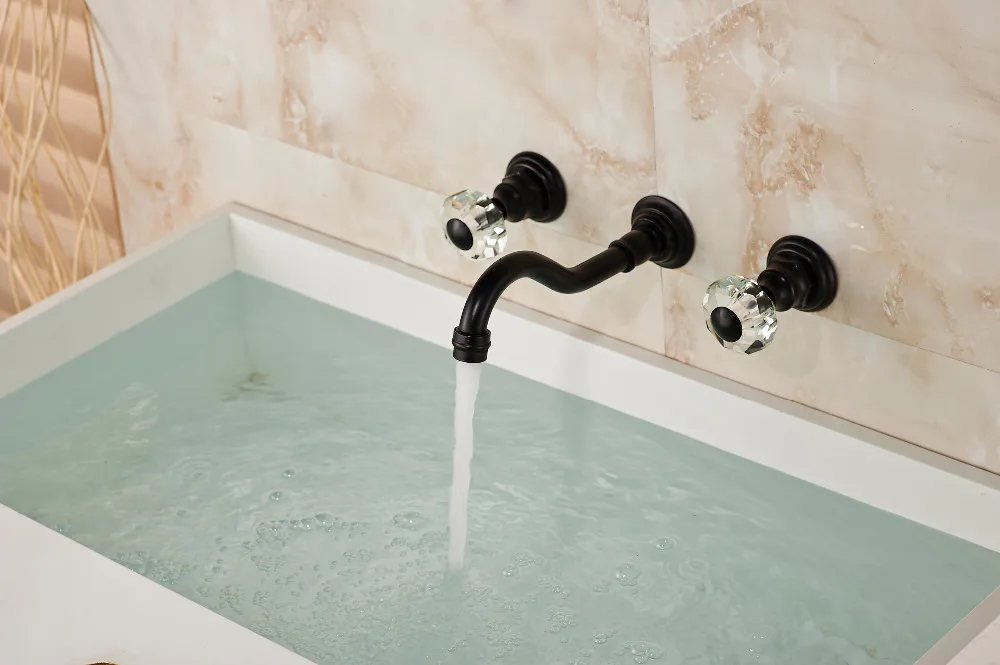 

Oil Rubbed Bronze Wall Mounted Bathroom Basin Faucet Dual Crystal Handles Mixer