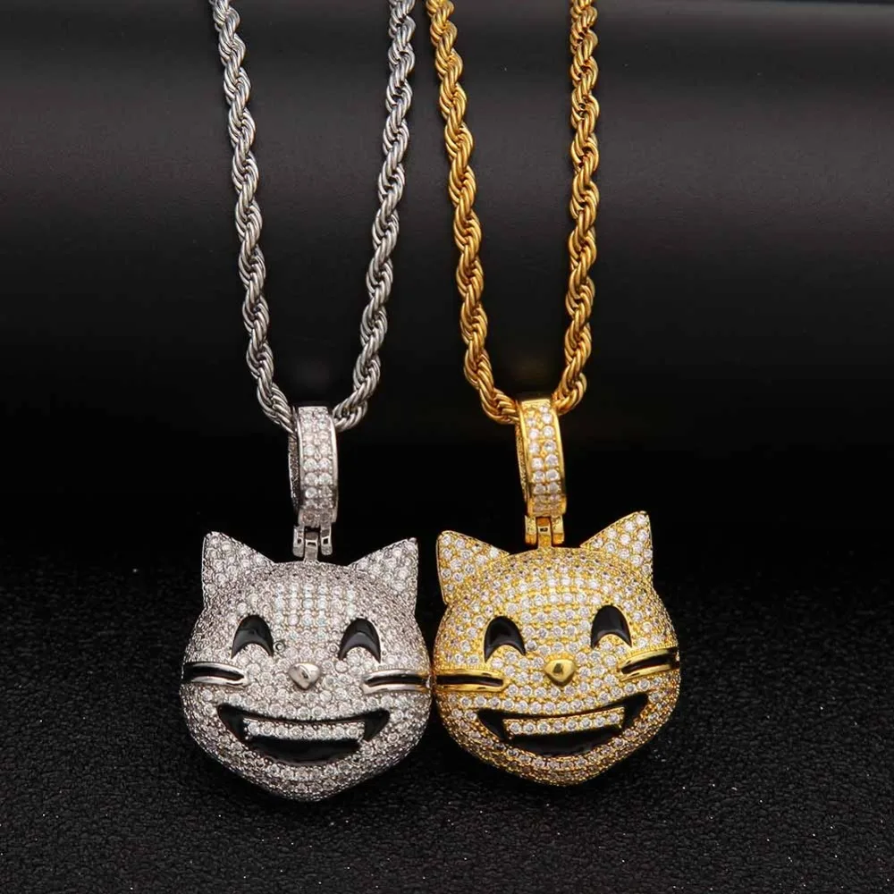

THE Bling Iced Out Custom Happy Cat Emoji Face Pendant Necklace Rope Chain Bling Micro Paved Cubic Zircon Men's Hip hop Jewelry