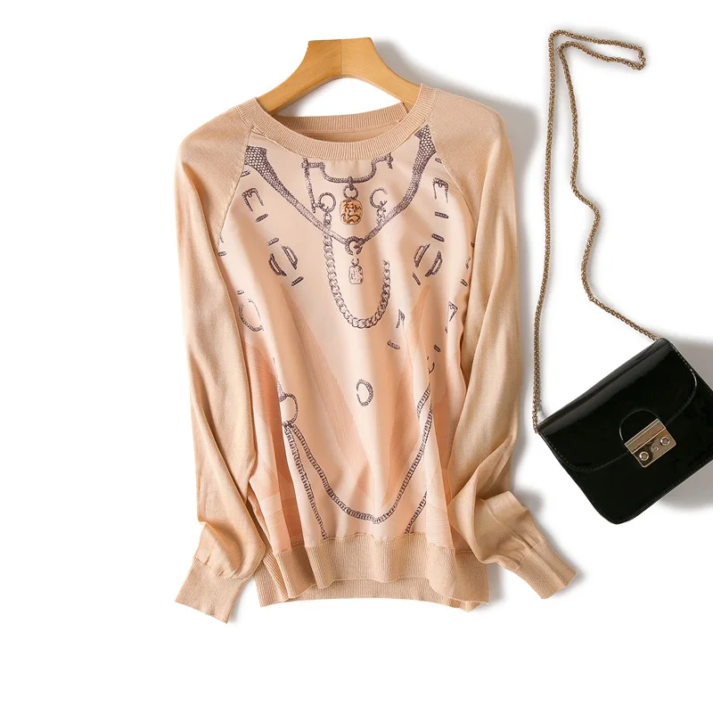 

Luxury Designer Brand Knitted Pullovers for Women O Neck Chain Printed Silk Spliced Loose Wool Knitted Sweater