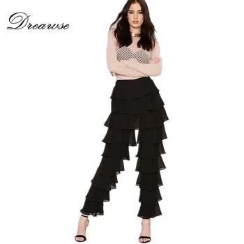 

Dreawse Casual Loose Black Trend Personality Mid Waist Tiered Ruffle Slim Vintage Elegant Long Flare Pants Tower Pants D9875
