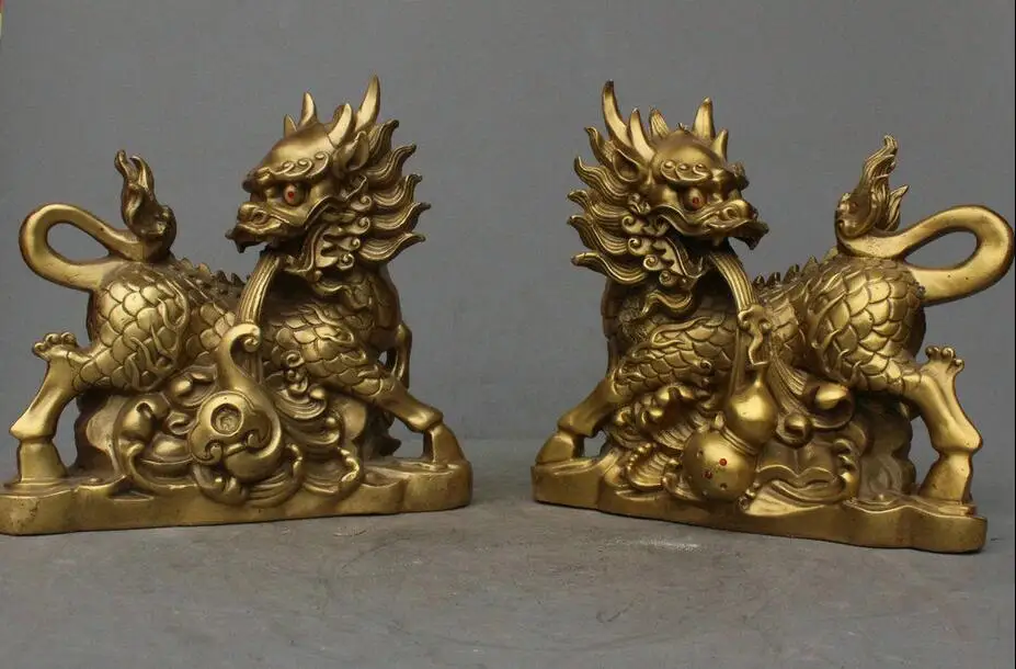 10" China Bronze Foo Dog Pixiu Kylin Lions Lovely Unicorn Statue One