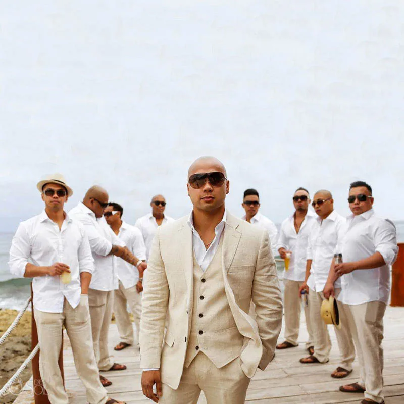 

Summer Beige Linen Wedding Suits Beach Groom Tuxedos 3 Pieces (Jacket+Pants+Vest) Bridegroom Men Suits Best Man Blazer Costume
