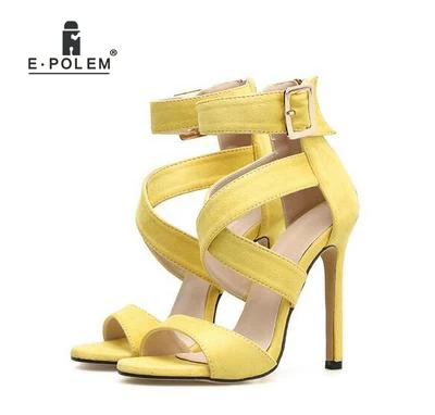 

Summer Women's Fashion Sandals Yellow Purple Flock Super High Thin Heels Shoes Mature Female Dressing Party Dating
