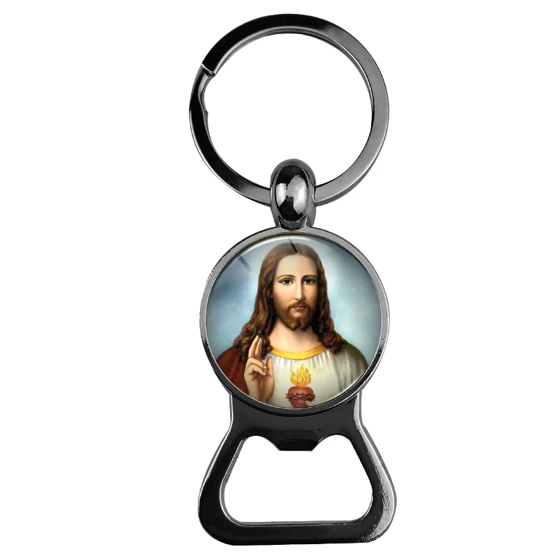 

SUTEYI God Jesus Blessed Virgin Mary Bottle Opener Key Chain Handmade Round Glass Dome Key Holder Women Men Christian Gifts
