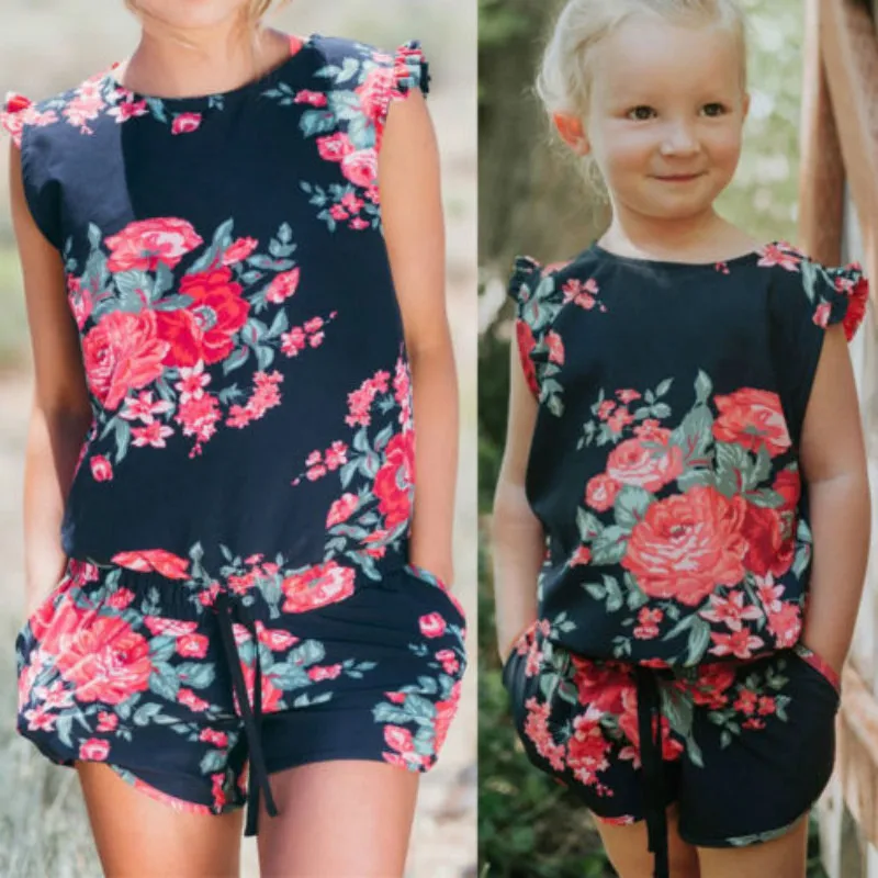 2018 mutter Und Tochter Passenden Mama Strampler Kleidung Mädchen Bluse Hot Pant Set Overall Familie Outfits Blumendruck Playsuits