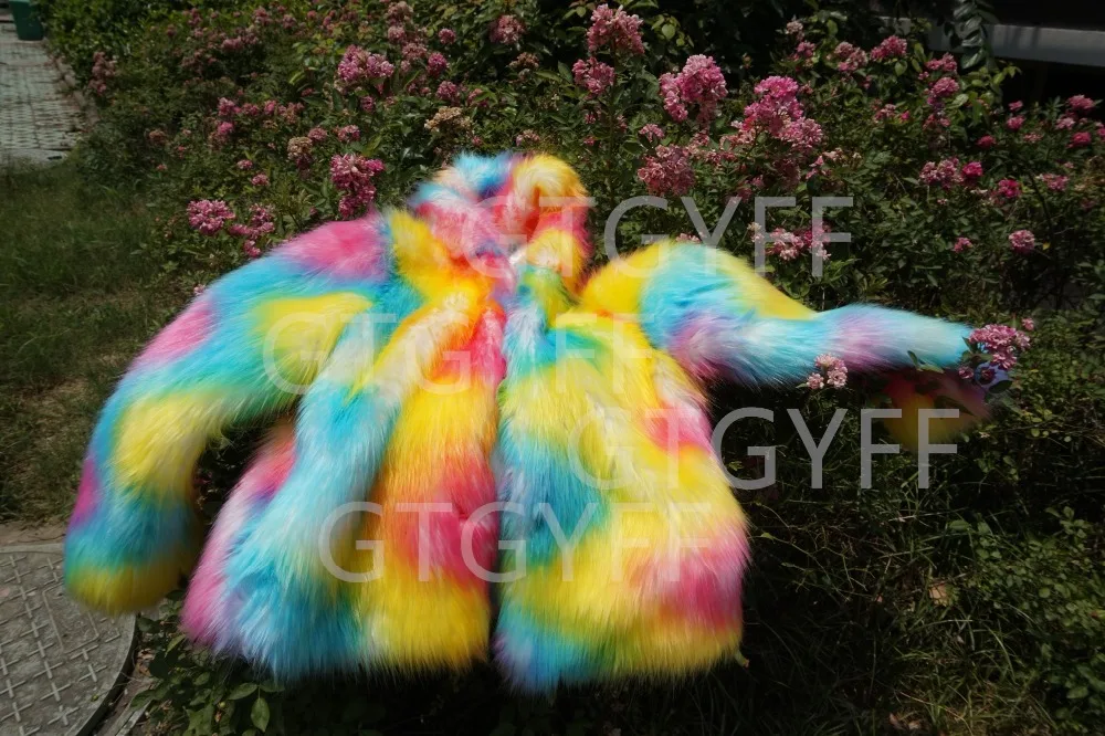 GTGYFF Cosmic Rainbow фестиваль Единорог красочные искусственный мех блестящее пальто с капюшоном костюм для вечеринки космический костюм диско куртка пальто