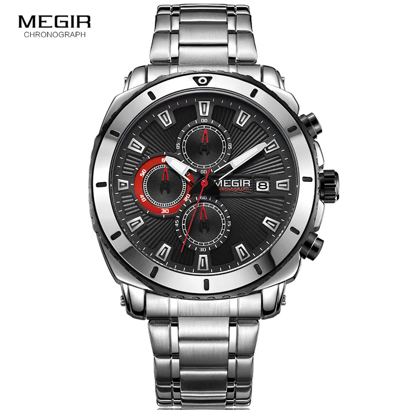 

MEGIR Men's Stainless Steel Quartz Formal Dress Watchess Analogue Chronograph Wristwatch for Man Luminous Hands Calendar 2075G-1
