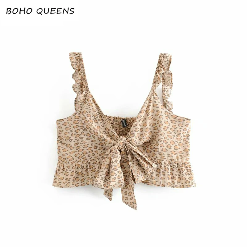 

Boho chic Summer women leopard print beach sleeveless sashes crop tops bohemian electic bow rayon vest short camis female