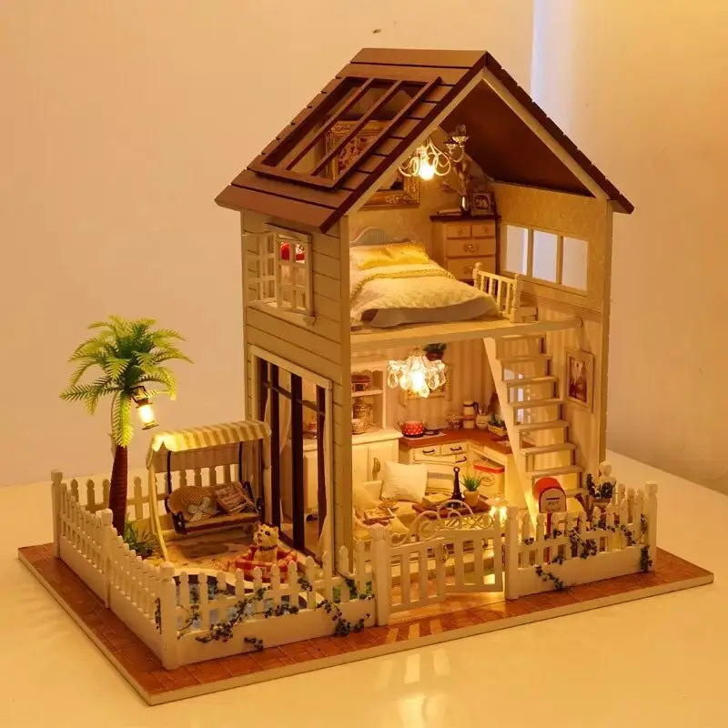 

Assemble DIY Doll House Apartment With Furniture Wooden Handcraft Doll house Led Lights Toys for Children Birthday Gifts House