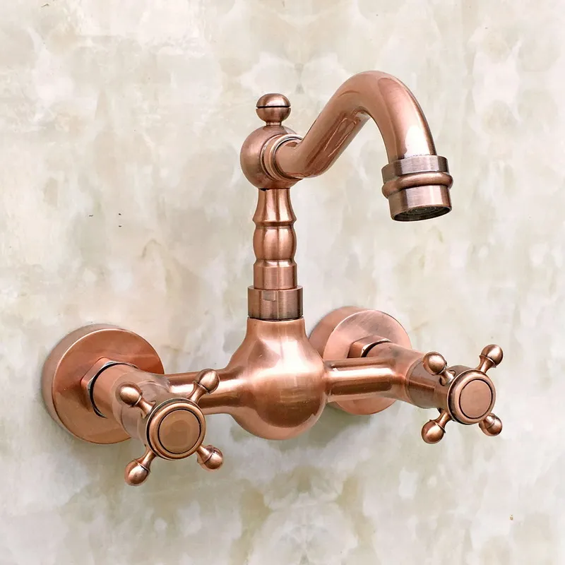 

Antique Red Copper Wall Mounted Basin Faucets Double Handle Dual Hole Bathroom Sink Swivel Faucet Mixer Tap zrg030