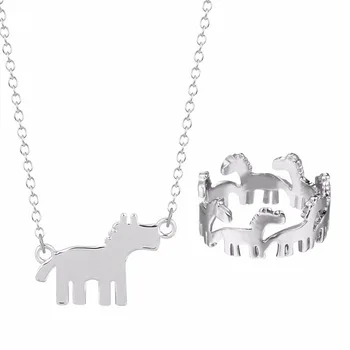 Kinitial 2pcs Enamel Horse Gold Silver Jewelry Sets For Women Animal Horse Rudolph Necklace Ring Set Turkish Fashion Jewelry