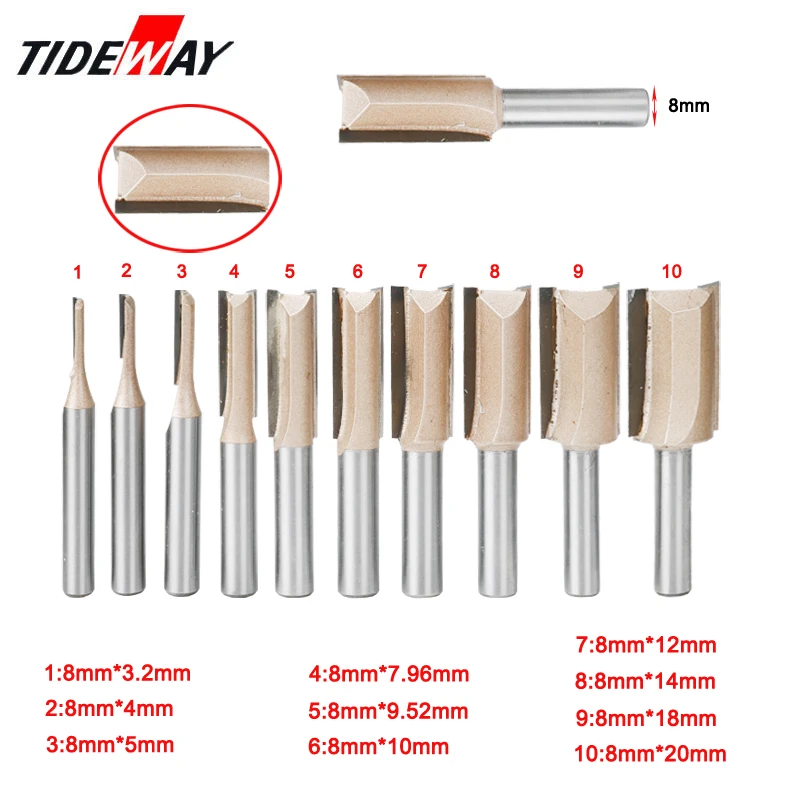  8mm Shank Straight/Dado Woodworking Router Bit Set Carpenter Milling Cutter 6/8/10/12/14/18/20mm Di