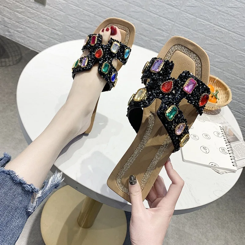 

Woman's Colorful Slippers Bling Brand Slipper Flat Casual Shoes Slip On Slides Beach Flip Flops Sandals Crystal Diamond Female