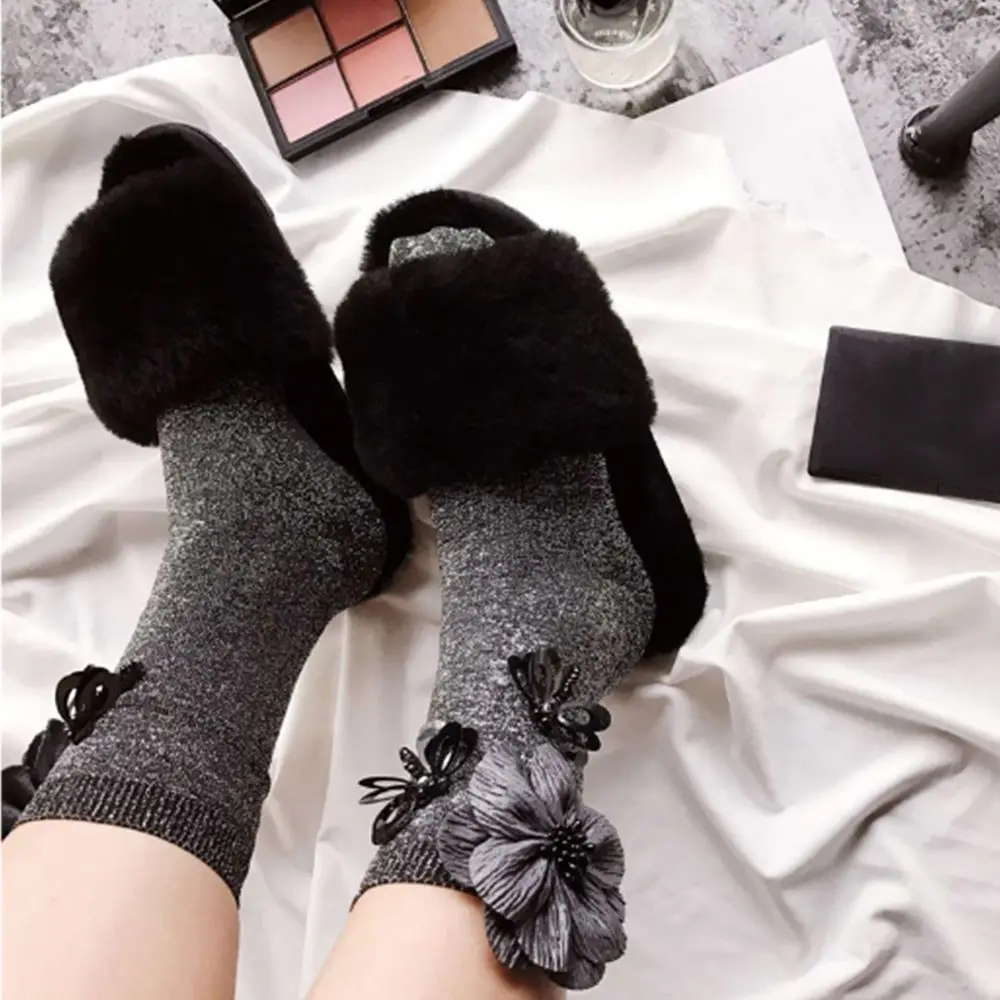 1 пара, модные стильные женские сверкающие носки с цветочным принтом в стиле Харадзюку, повседневные носки на осень и зиму, calcetines invierno