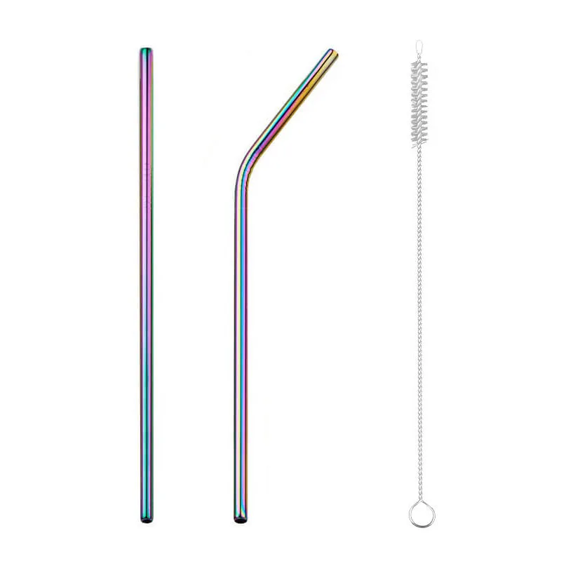 Reusable 304 Stainless Steel Drinking Straw Bar Party Metal Straw with Cleaner Brush For Mugs Sturdy Bent Straight Straws - Цвет: Rainbow A s1b1 2PCS