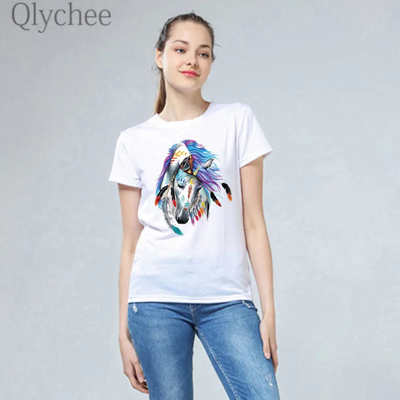 

Qlychee Cool Horse Heat Transfer Female T Shirts Top Tees Short Sleeve Crew Neck Slim Summer Women T-shirts T Shirt