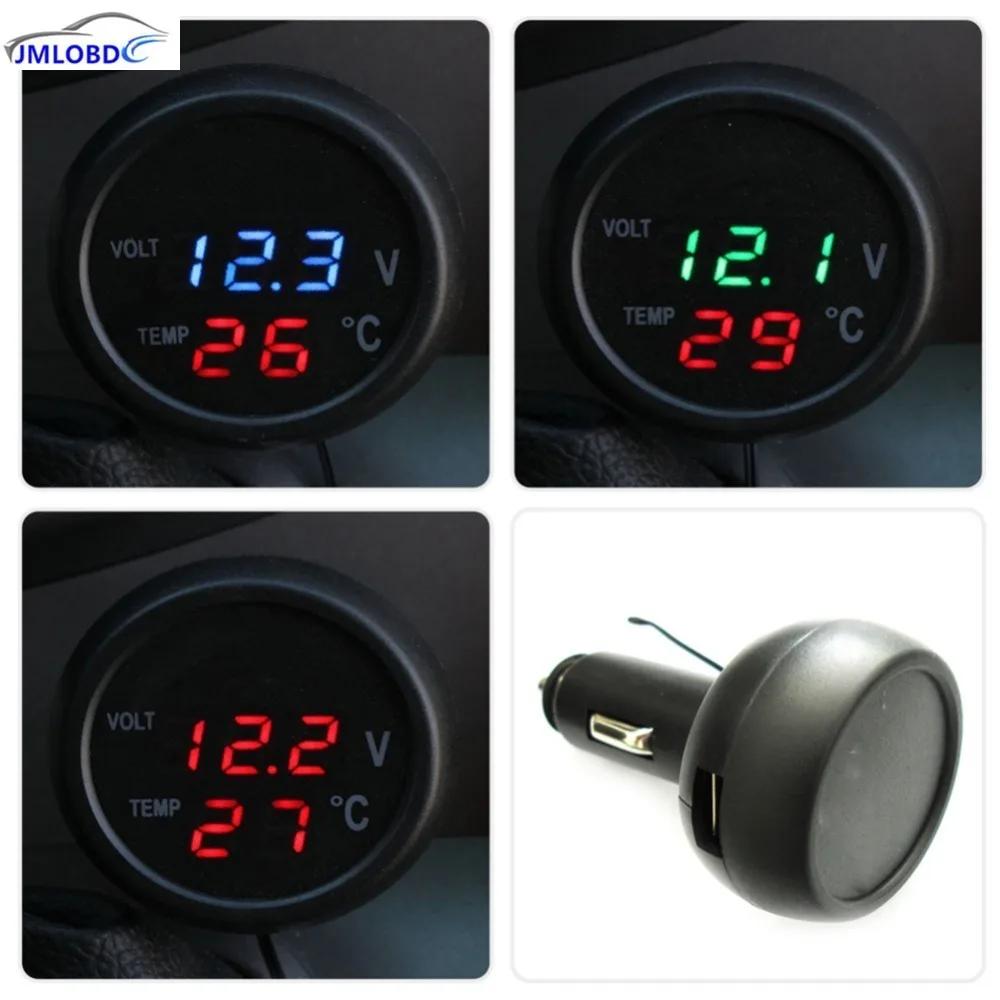 

3 in 1 Digital LED Car Voltmeter Thermometer Auto Car USB Charger 12V/24V Temperature Meter Voltmeter Cigarette Lighter 2017