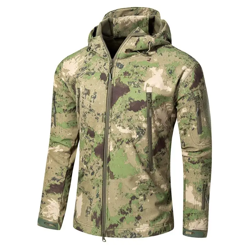 Военная тактическая куртка из кожи акулы, Мужская Флисовая Водонепроницаемая камуфляжная ветровка, армейская куртка с капюшоном, мужская зимняя куртка - Цвет: Green Ruins