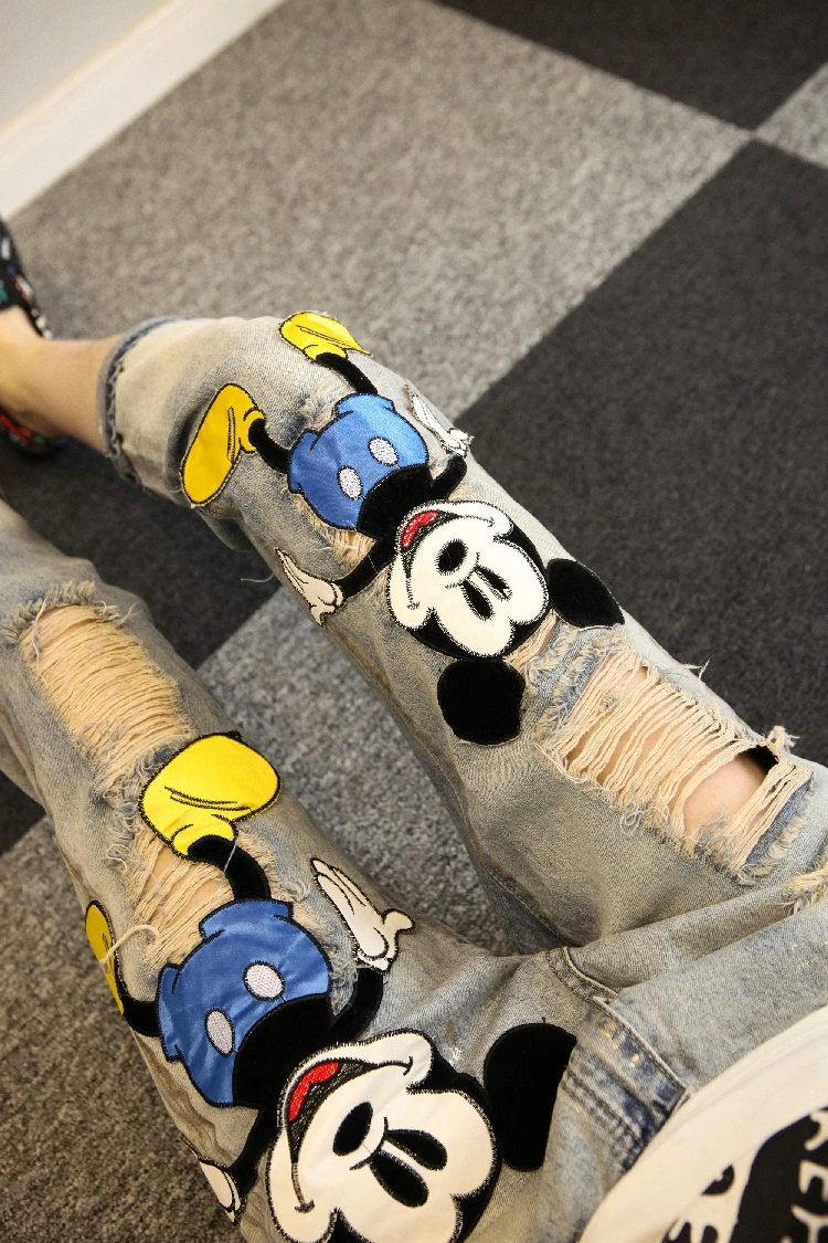 Новые осенние модные рваные джинсовые узкие брюки с рисунком Микки из мультфильма женские длинные брюки длиной до щиколотки Женские джинсы-карандаш