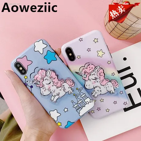 

Aoweziic Ins girl's mind unicorn for iPhone 8plus 7plus phone case Xs Max XR decompression quicksand 6s soft shell