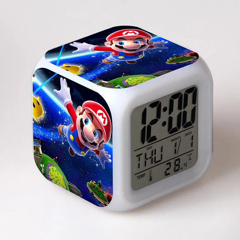 Super Mario Bros Anime Figurines Clock Alarm LED Colorful Luminous Light Thermometer Luigi Mario Yoshi Action Figures Toys