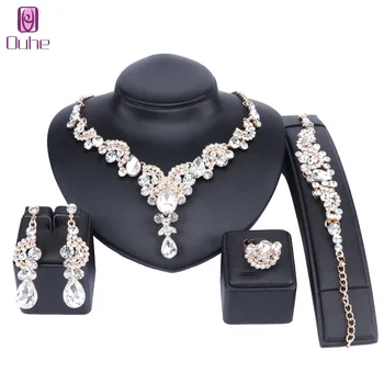 

Luxury Statement Necklace Earrings Bracelet Ring Jewelry Sets for Women Crystal Bib Gold Color Chain Bridal Jewellery