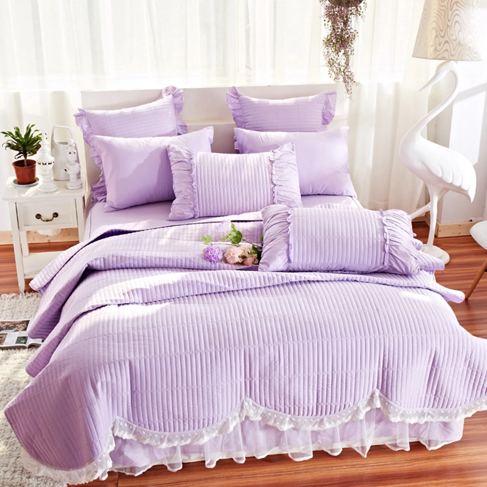 Light purple lace bed skirt+summer bed cover+2pcs fold pillow case,100