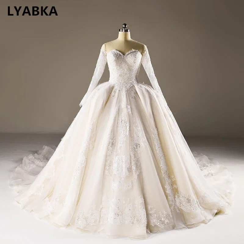 

vestido de noiva sweetheart wedding dress with bead appliques lace-up ball gown wedding dresses long sleeve robe de mariee 2019