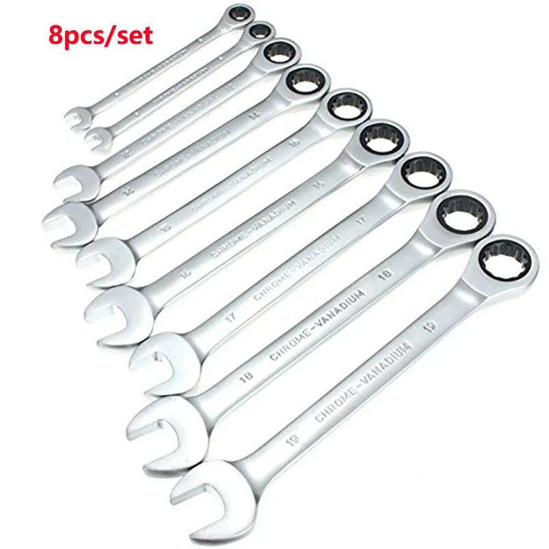 

8pcs Ratchet Gears Wrench Set Reversible Combination Open End Wrenches Repair Tools Socket Spanner 8/9/10/14/16/17/18/19Mn